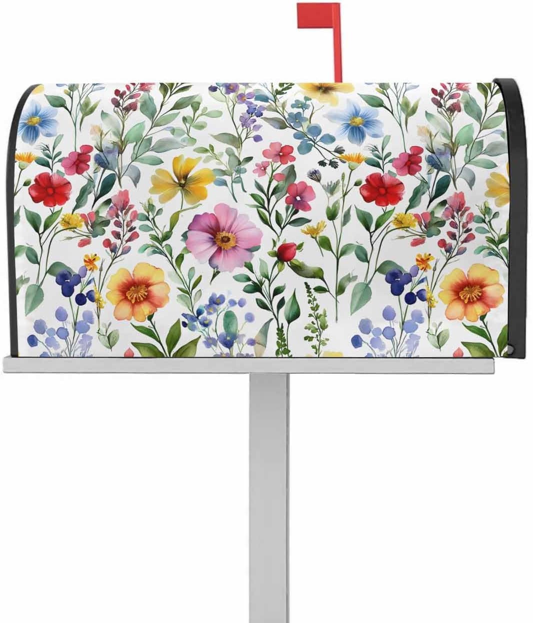 Spring Flower Mailbox Covers Magnetic Standard Size, Retro Farm Summer Leaf Plant Watercolor Decorative Post Letter Numbers Box Wrap Decoration Covers Small Accessories for Garden Yard Outdoor Décor