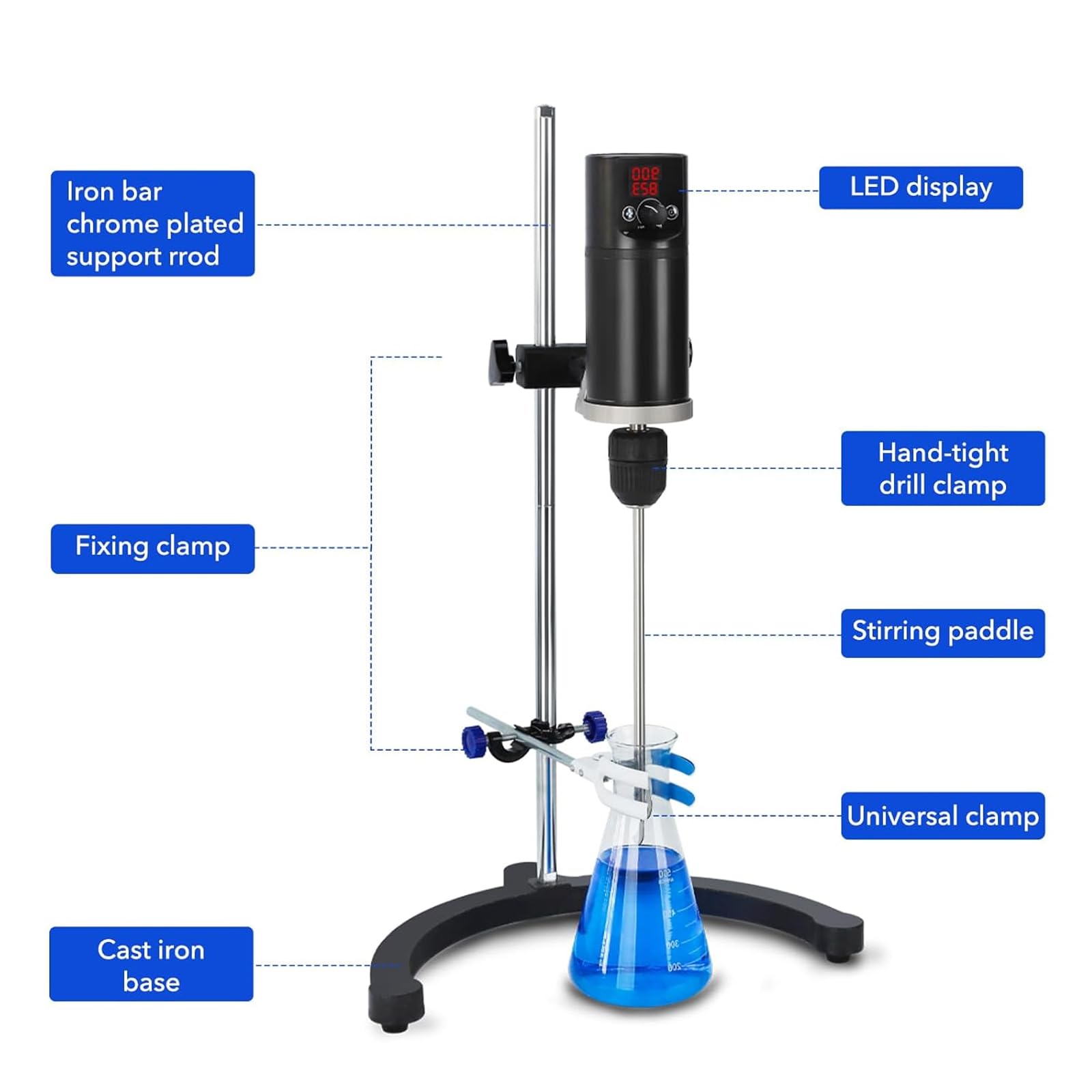Agitador eléctrico de 60 W para mezcla de líquidos, control de velocidad continuo 100-2000 rpm, capacidad máxima 5 l, agitador de soporte de laboratorio con perilla giratoria