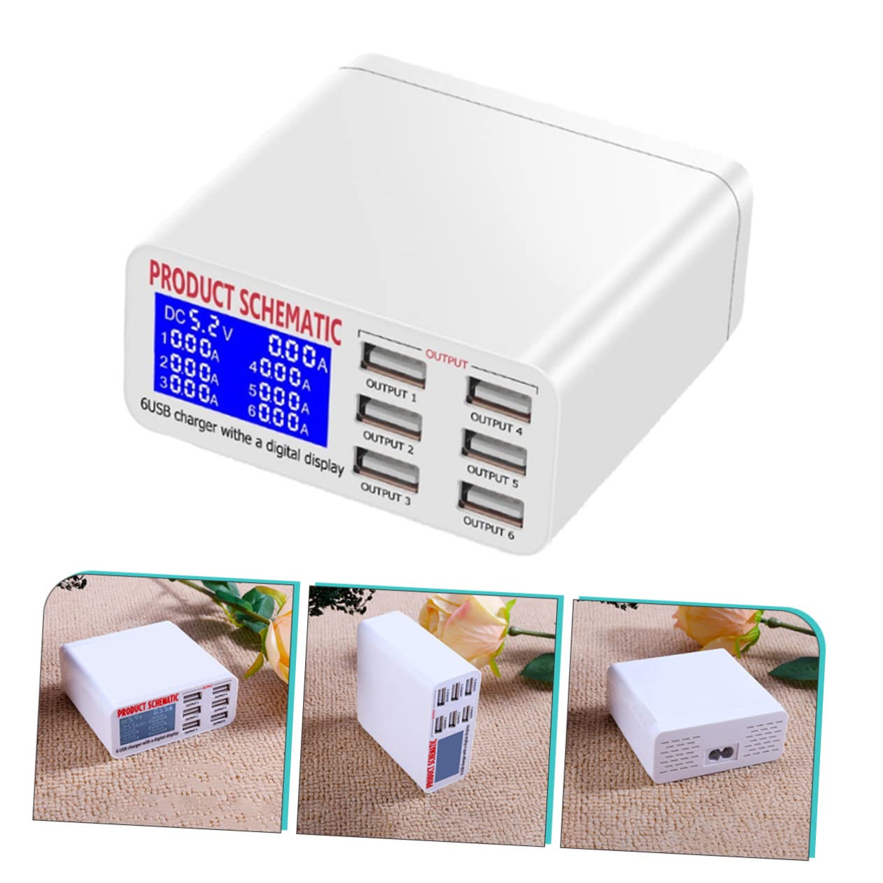 Mipcase Estación de Carga Inteligente USB de 6 Puertos Pantalla LCD, Adaptador de Corriente Multipuerto de 40w, Material Abs y PC para Carga Rápida y Segura
