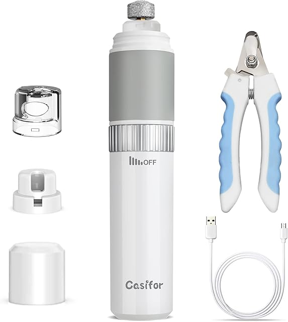 Casifor Dog Nail Grinder Pet Claw Trimmers with Dust Collector, 40DB Quiet Low Noise & Stepless Speed, Cat Clipper Electric Paws File for Large Medium Small Pets, 2000mA, 4500-11000 r/min