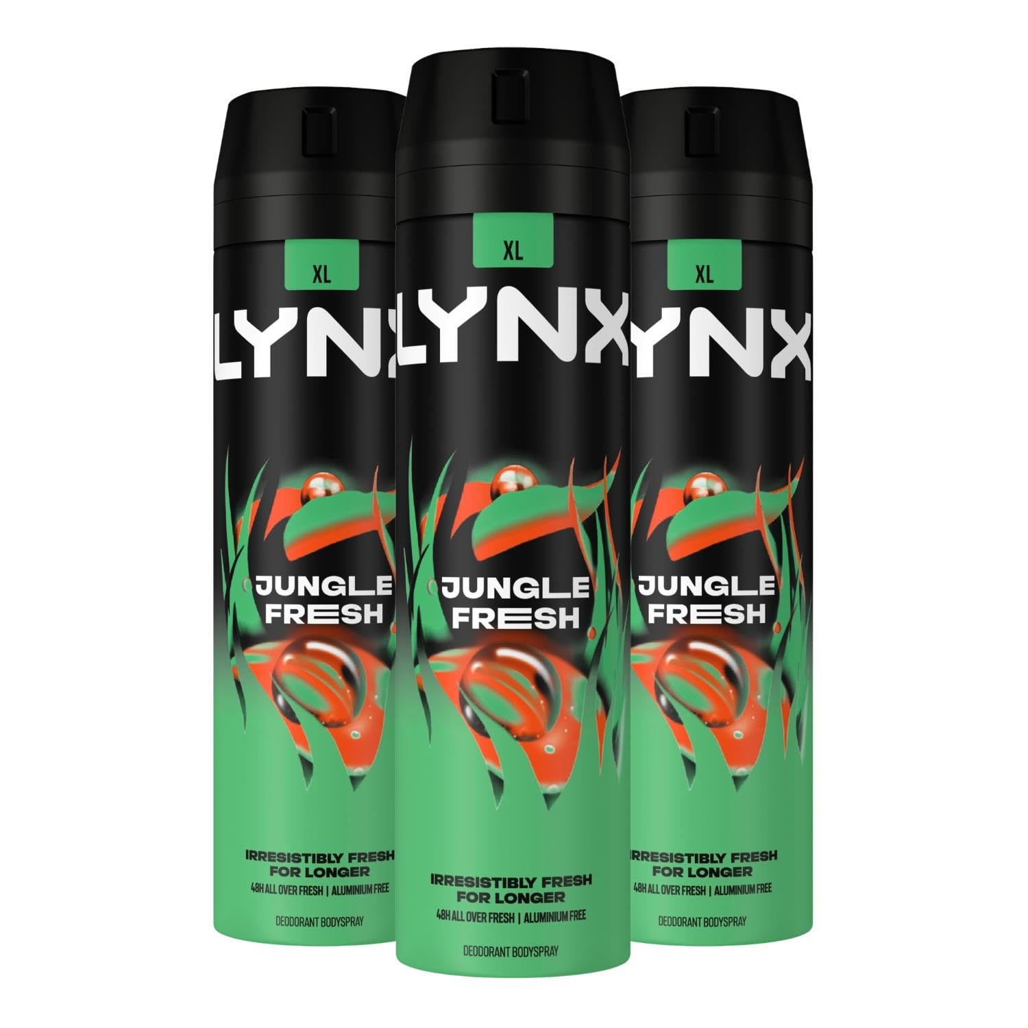 Lynx XL Jungle Fresh Body Spray Deodorant for Men 200ml Pack of 3, 48H Odour Protection Bodyspray Aerosol, PALM LEAF & AMBER FRAGRANCE, Lynx Deodorant Mens Everyday Freshness