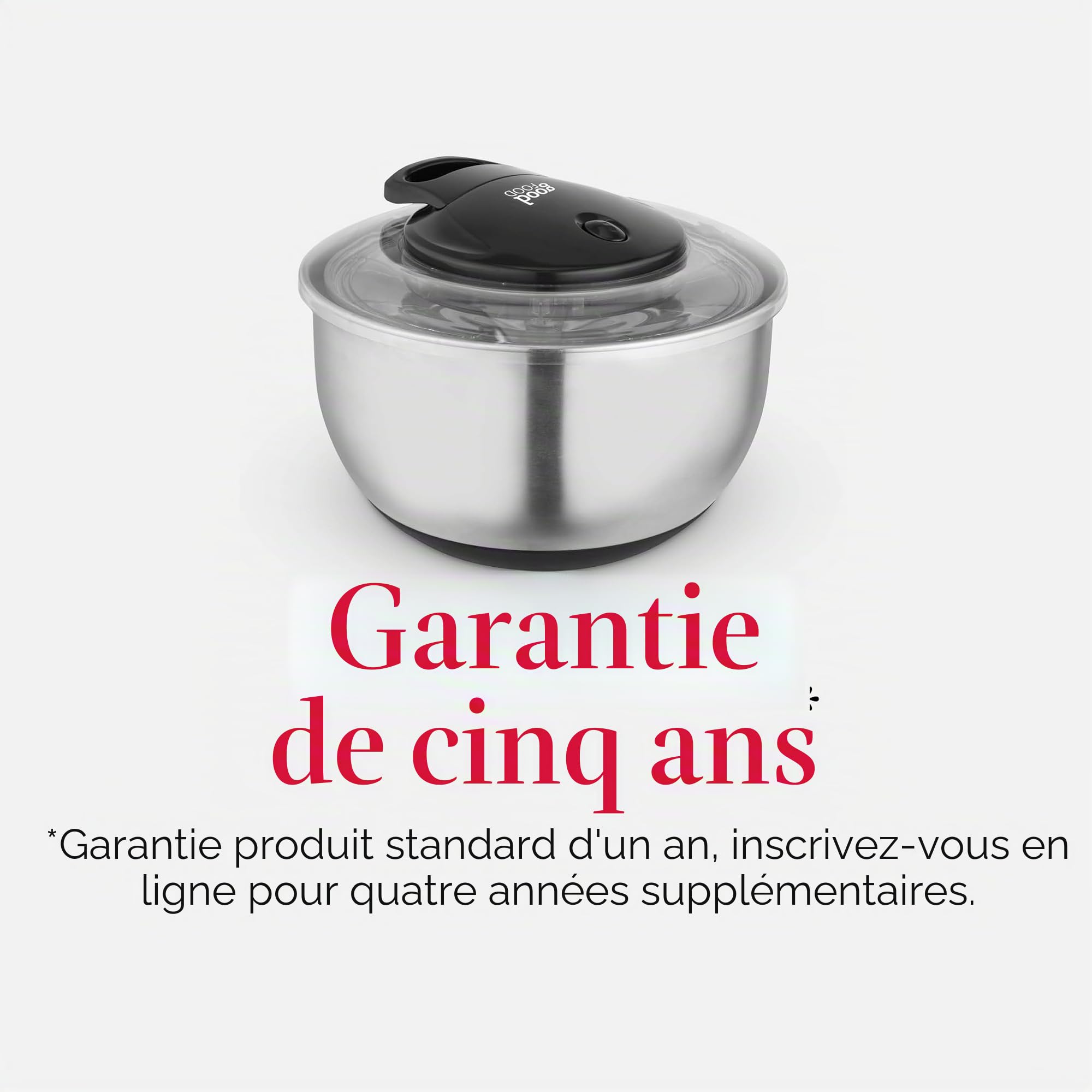 Good Food GF847071 Essoreuse à salade Tower avec panier amovible, cordon de tirage facile, bouton d'arrêt et base antidérapante, 5 litres, en acier inoxydable, argenté
