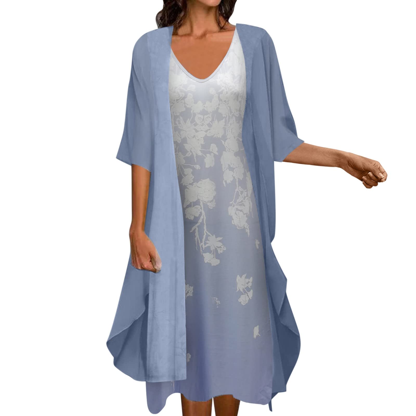 Gilet Frange Donna QWUVEDS Con Stampa - Cardigan Scollo A V Manica Corta In Chiffon, Set Due Pezzi Con Accessori
