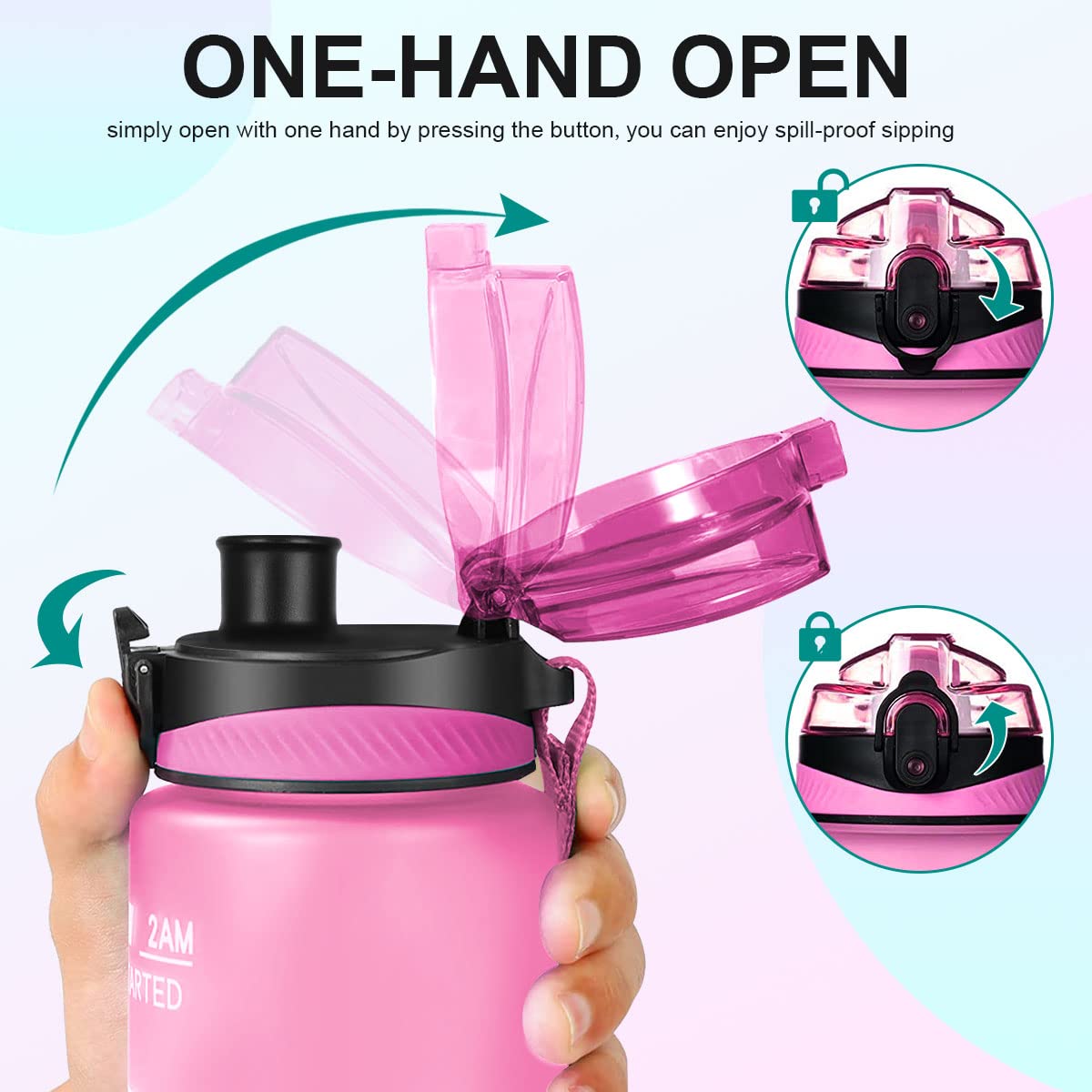 Feeljuly Trinkflasche 1,8 L Mit Zeitmarkierung – Auslaufsicher, 2 Deckel, BPA-frei