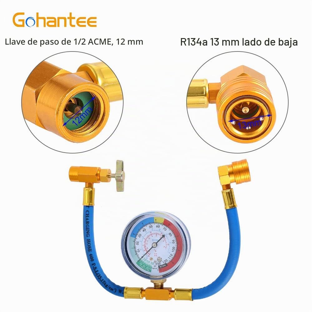 gohantee R134A Kit de manguera de recarga de refrigerante, válvula de reequipamiento de baja presión R12 a R134a con tapón antipolvo, algodón de detección de aceite para aire acondicionado
