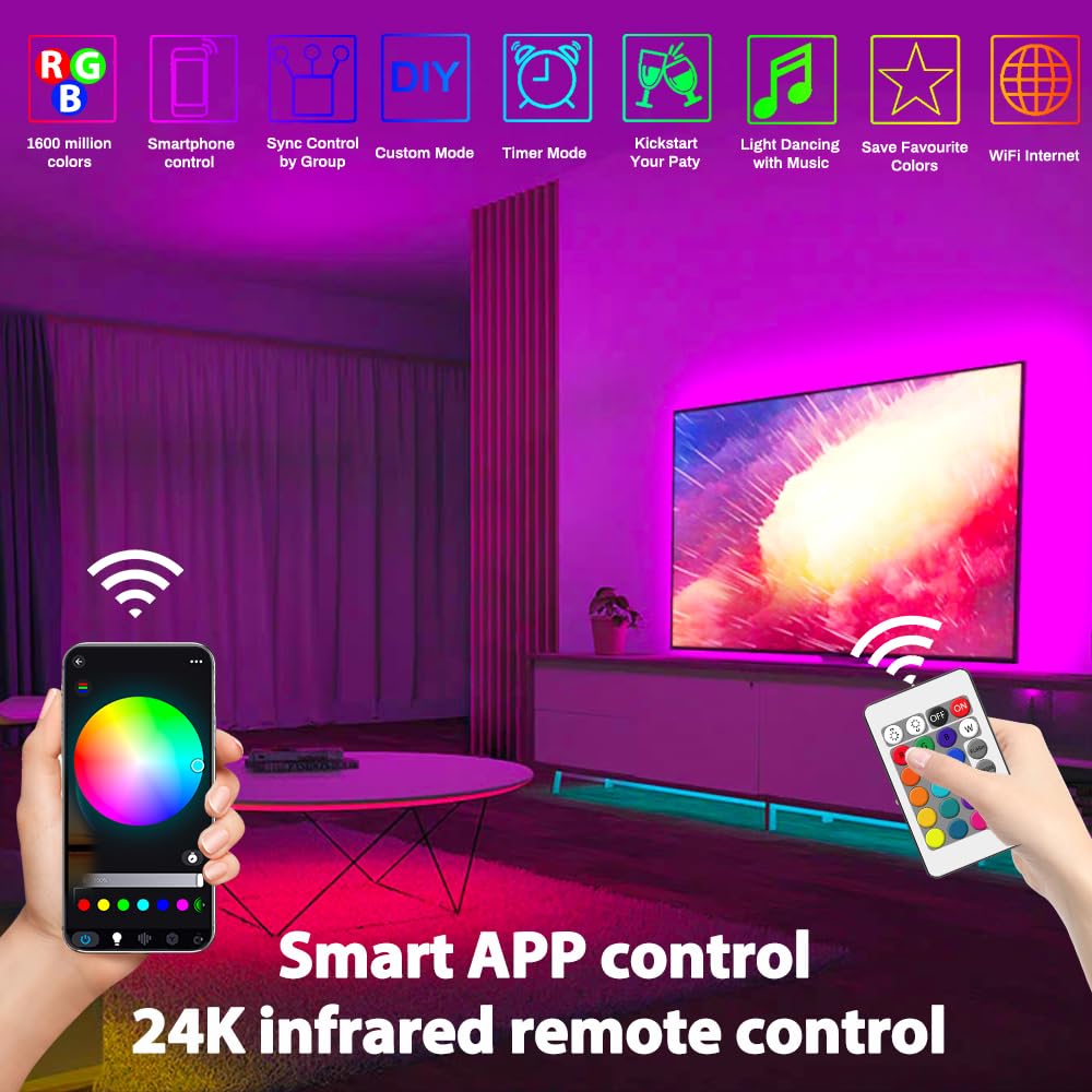10M WIFI Striscia LED RGB COB, 24V Striscia LED COB RGB dimmerabile con telecomando e alimentatore, striscia luminosa LED ad alta densità 576LEDs/M, controllo app, compatibile con Alexa, Google home