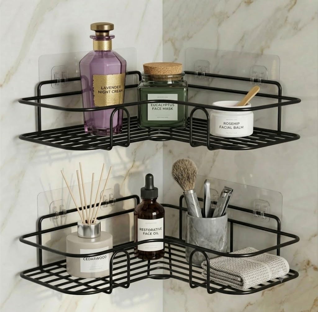 Bathroom Corner Shelf Set of 2, No Drill Self-Adhesive Wall Mounted Metal Rack, Rustproof Storage Organiser for Kitchen, Black, (8 & 9 Inch)-image-48