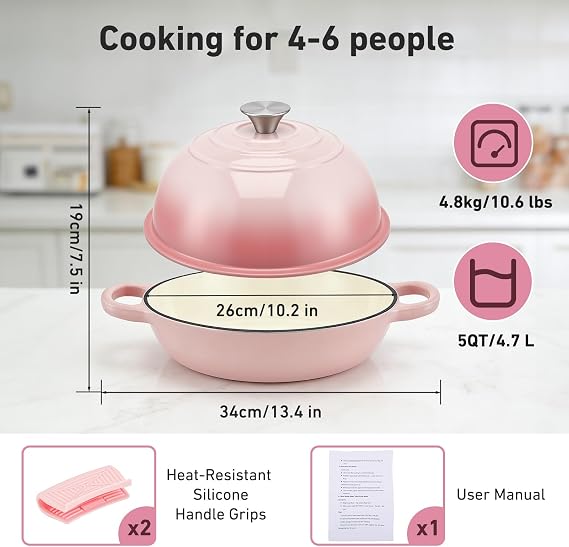 Dutch Oven for Bread Baking, 26cm Enameled Cast Iron Dutch Oven with Lid, 4.7L/5QT Non-Stick Casserole Pot with Silicone Handles, Heavy Duty Bread Baking Pot for Roasting, Braising & Stewing