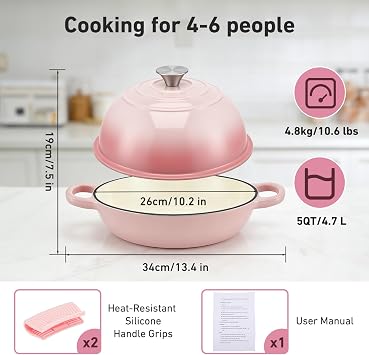 Dutch Oven for Bread Baking, 26cm Enameled Cast Iron Dutch Oven with Lid, 4.7L/5QT Non-Stick Casserole Pot with Silicone Handles, Heavy Duty Bread Baking Pot for Roasting, Braising & Stewing