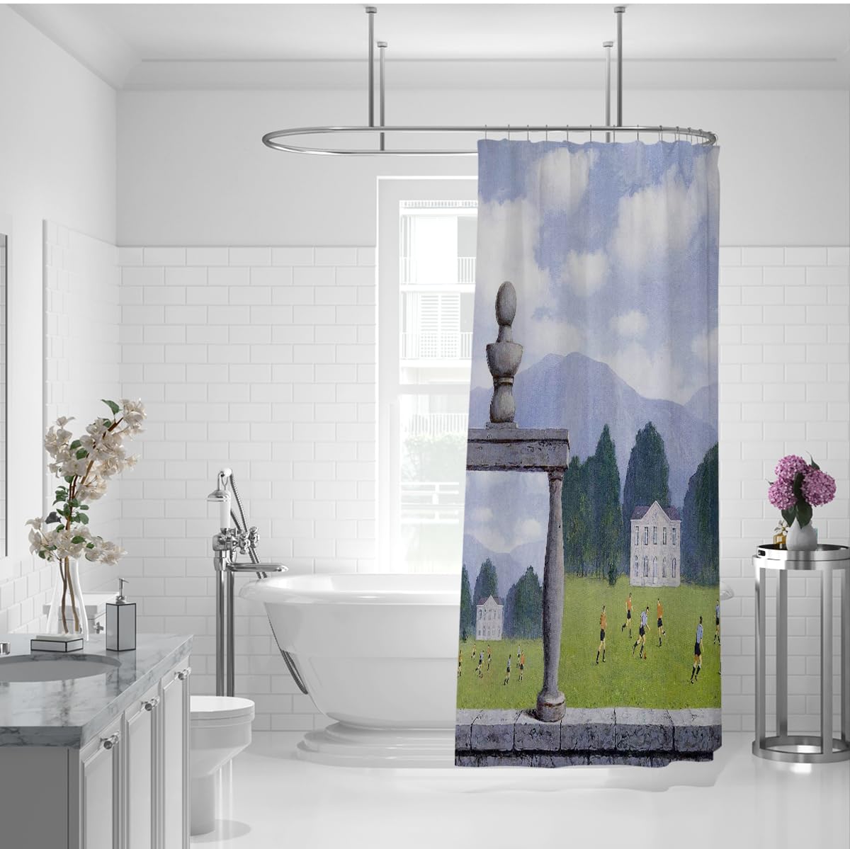 Surrealismus Duschvorhang Fußballspiel auf dem Rasen Berühmte Malerei Druck Wasserdichter Polyestergewebe Badevorhang Set mit Haken 200 x 240 cm