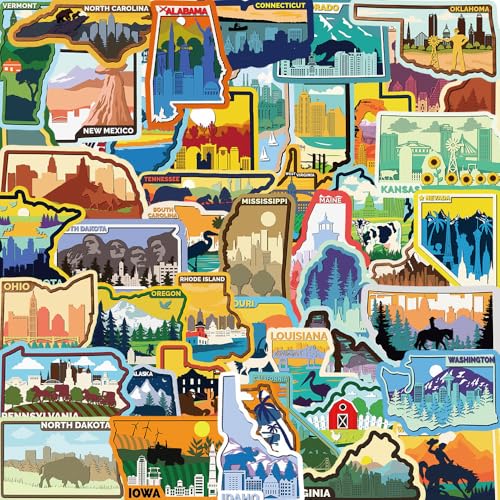 50 Pcs American States Stickers for Kid Teens Girls Boys Adults,USA States Stickers for Laptop,Water Bottles,Bicycle,Skateboard,Computer,Waterproof Vinyl for Wall,Graffiti Stickers Pack