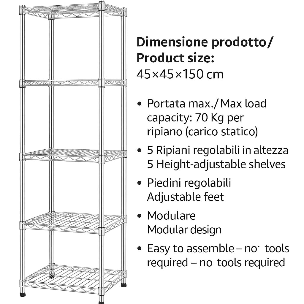 ArredoPlaza Scaffale Scaffalatura in Acciaio Cromato 5 Ripiani Robusto e Versatile per Casa Ufficio e Garage Portata 70Kg a Ripiano Dimensioni 45x45x150 CM Design Moderno Salvaspazio Facile da Montare