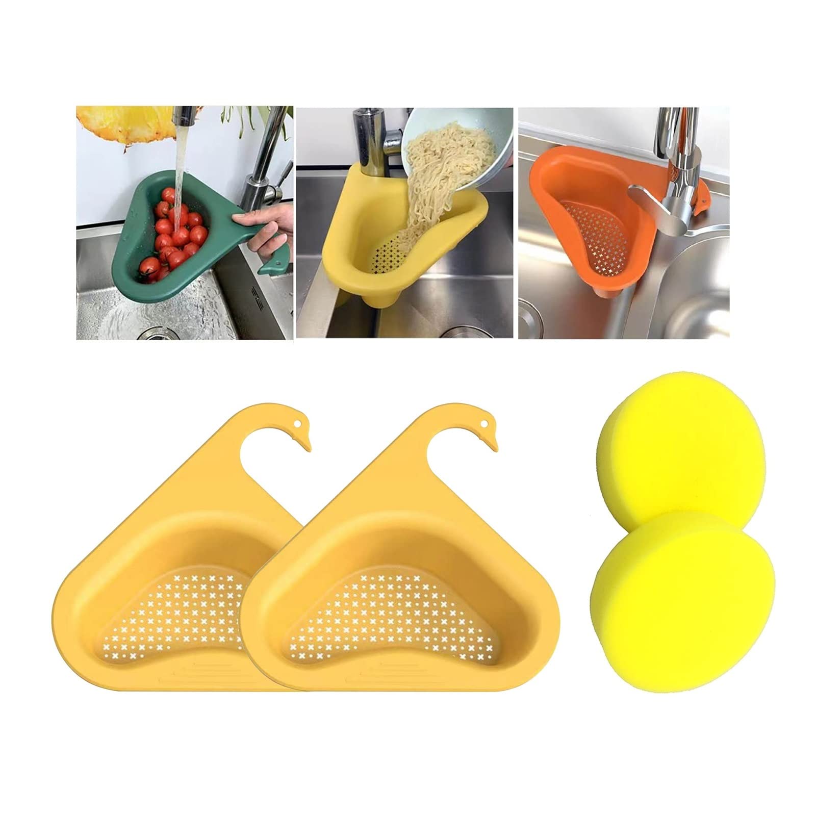 Swan Drain Basket Sink with 2 Pack Reusable Sponge, Kitchen Triangle Sink Filter, Corner Kitchen Sink Strainer Basket, Multi-function Water Storage Tank Drain Rack Fits All Sink (2PC - Yellow) (B09S68SHYN) Amazon Price History, Amazon Price Tracker