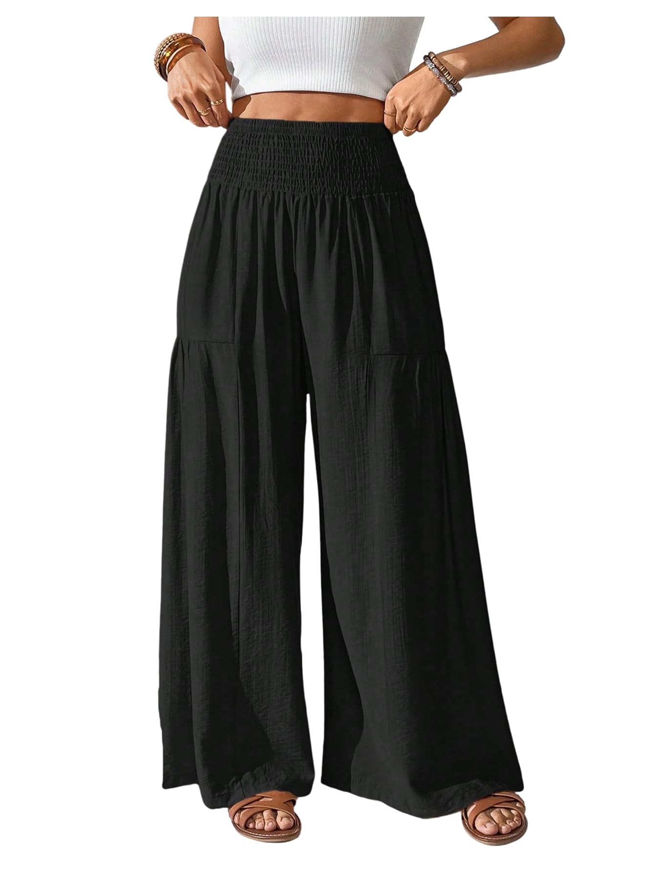 WDIRARA Womens Smocked Elastic Waist Wide Leg Pants Loose Palazzo Pants