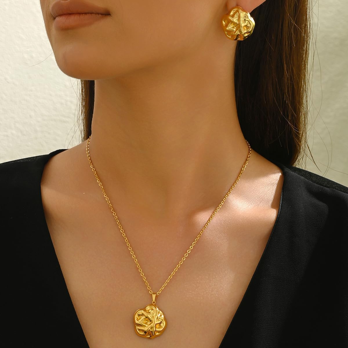 Dainty Gold pendant Necklace & Earrings Set for Women Elegant Smooth Surface Pendant Jewelry Set Minimalist Everyday Jewelry Gift - Image 6