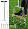 Lawn Aerator Stainless Steel, Manual Core Aerator with 4 Hollow Tines & T-Handle for Compacted Soil, Clay & Sandy Soil, Anti‑Clogging Weed Puller, Garden Tool for Grass Aeration