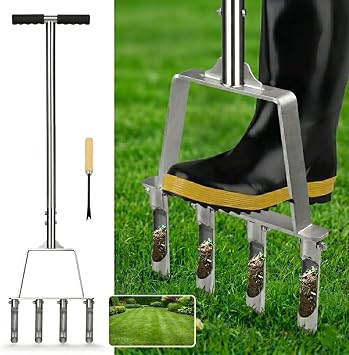 Lawn Aerator Stainless Steel, Manual Core Aerator with 4 Hollow Tines & T-Handle for Compacted Soil, Clay & Sandy Soil, Anti Clogging Weed Puller, Garden Tool for Grass Aeration