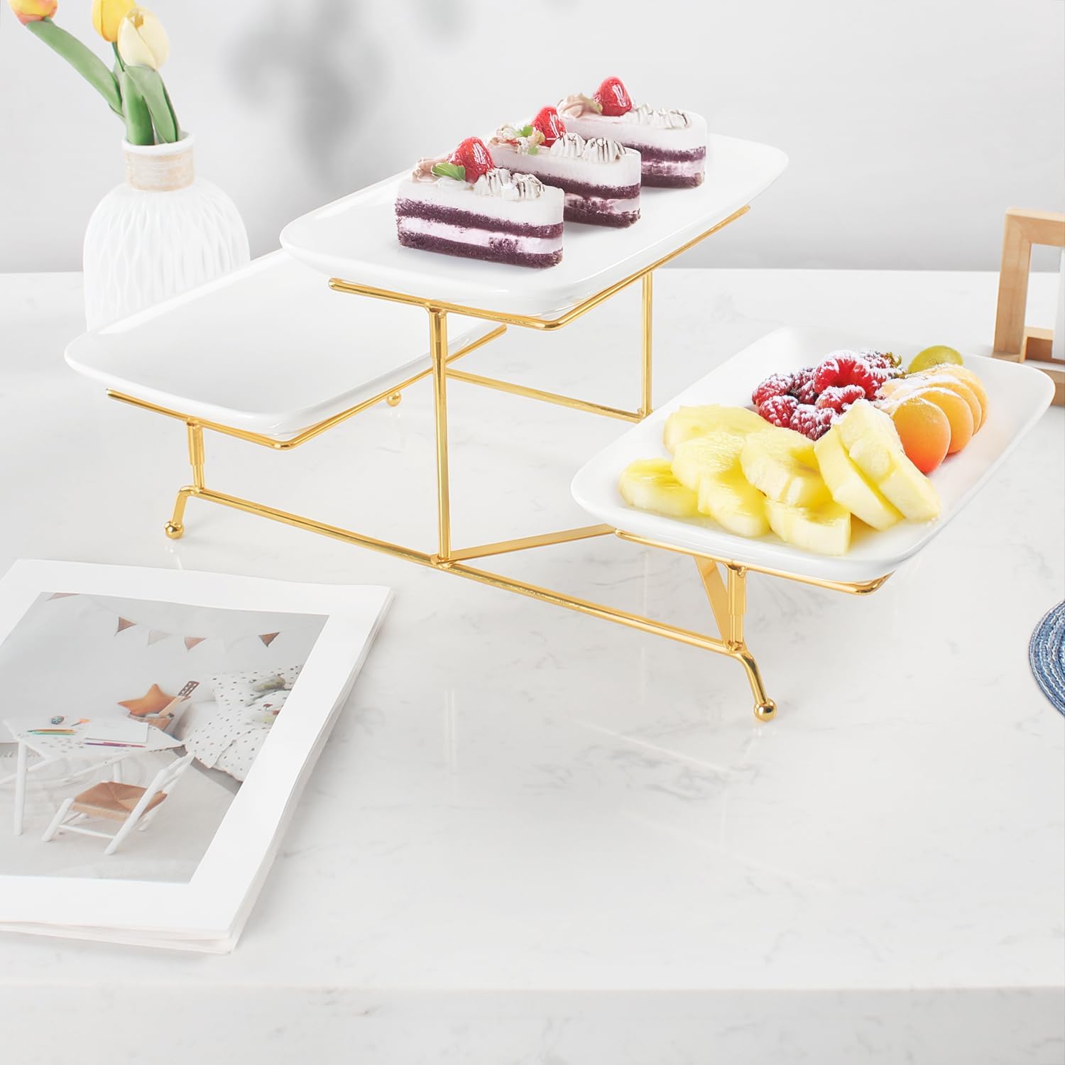 3-Tier Serving Rack with Ceramic Serving Tray, Foldable Gold Stand with 3 Pieces White 10.6 Inch Large Plates for Food Display, Fruit, Dessert Server Display and Entertaining