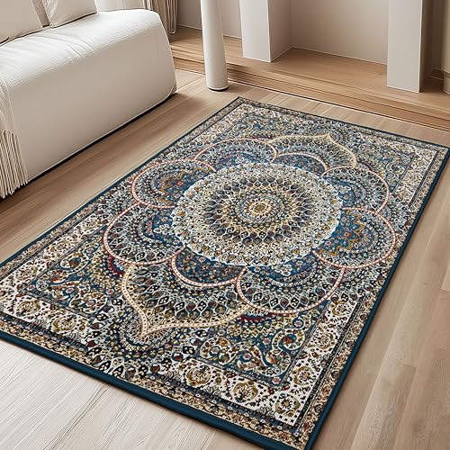 Image of DECOMIZER 5x7 Feet Premium Carpet for Hall | Rug Runner and Carpets for Bedroom /Living Area /Home with Anti Slip Backing | Machine Washable -Blue White Damas
