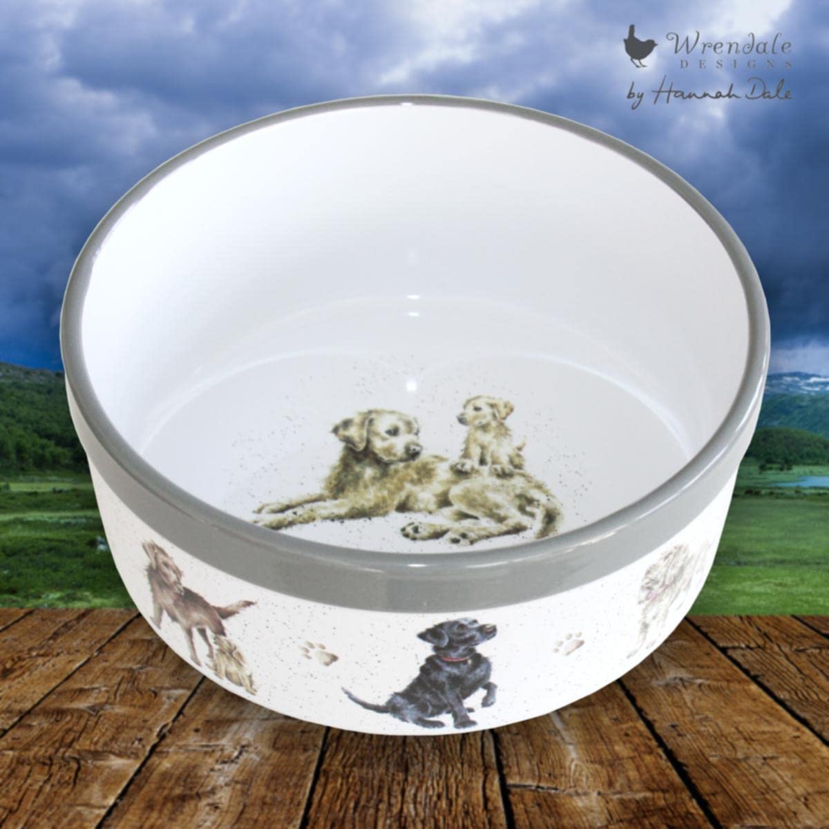 Wrendale Designs Steingut Hundenapf ca. 20,5cm D 1800ml Royal Worcester Schüssel mit Rasse-Hunde Portraits von der britischen Künstlerin Hannah Dale fürs Füttern & als Geschenk