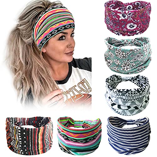 6 Pcs Boho Headbands Wide Knot Hair Bands Floral Printed Hair Scarf Turban Thick Cotton Head Wrap Daily Use Stretch Twist Head Bands Sport Athletic Yoga Gym Fashion Hair Accessories for Women