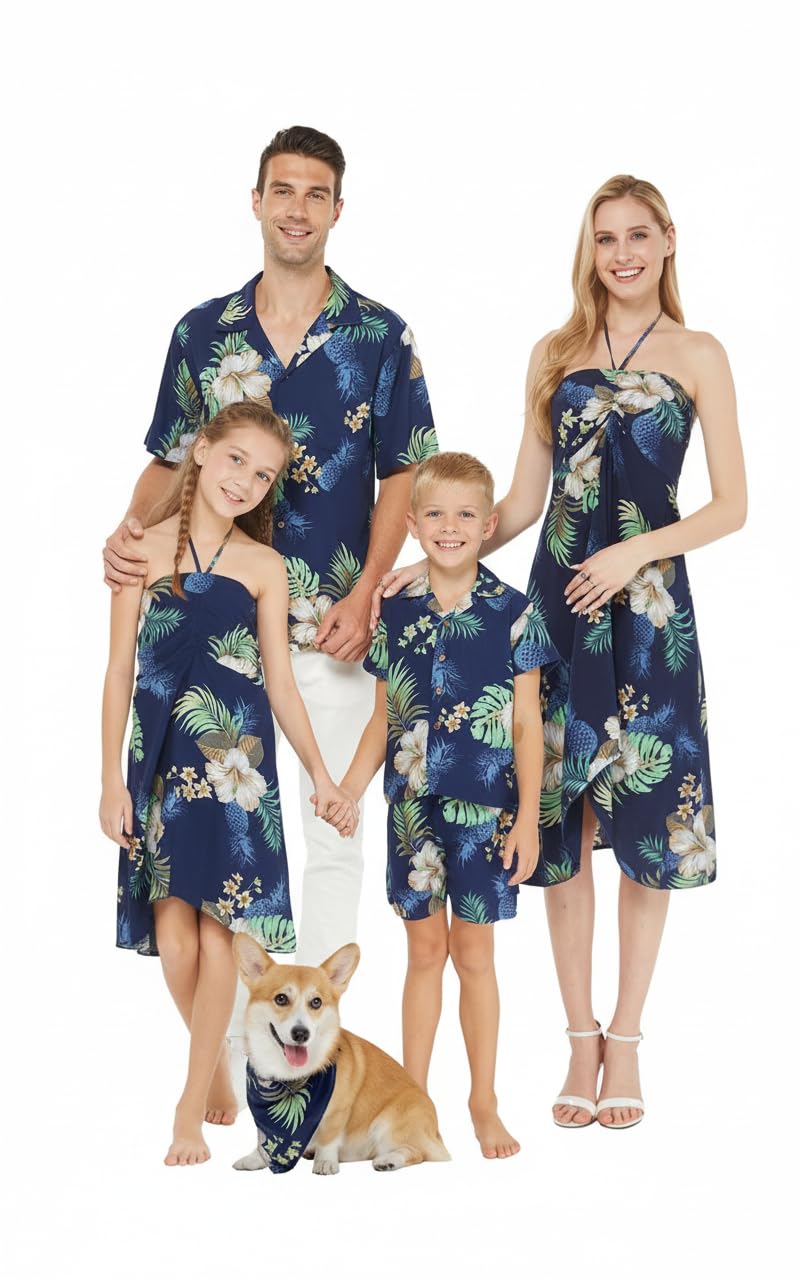 Matchable Family Hawaiian Luau Men Women Girl Boy Clothes in Pineapple Garden Navy