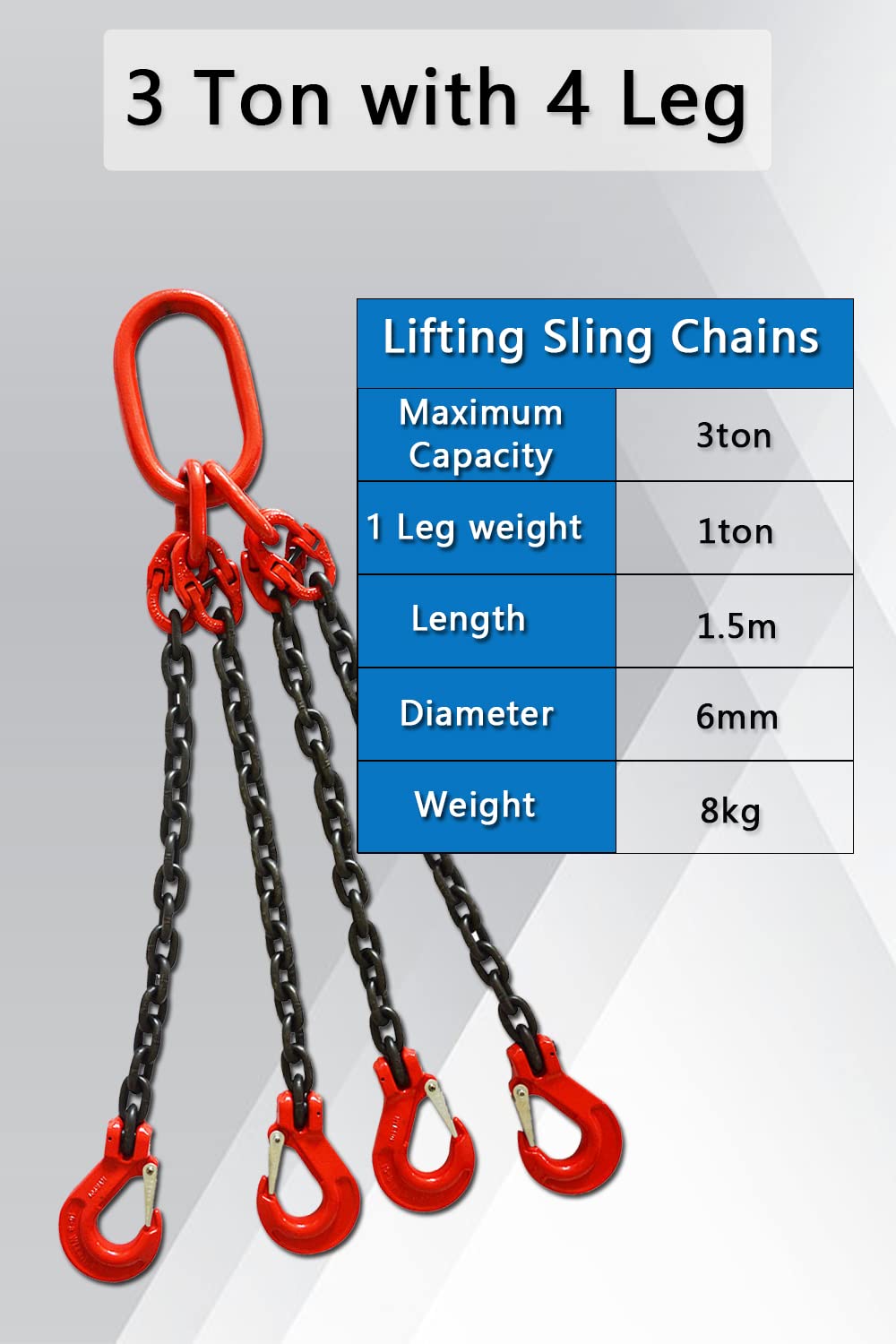 Cinghia a catena da 6,2 cm x 1,5 m, 3000 kg, 4 gambe con ganci e regolatori, grado 80 in lega di acciaio, sollevatori a catena del motore, 3 tonnellate