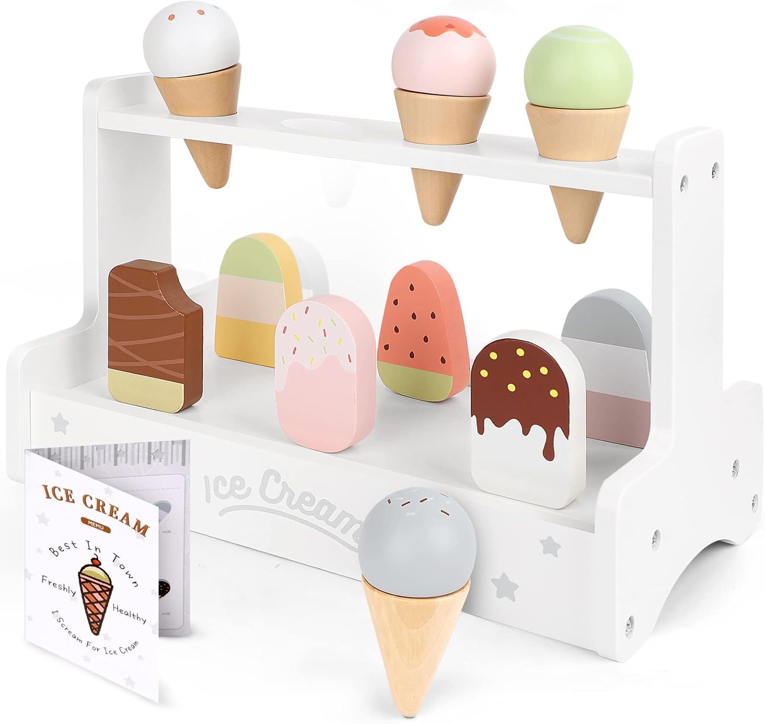 JUWUGU Juguete de helado, juego de madera para servir helados, juego de juguetes de simulación para niños, kit de juguetes Montessori, regalo para niñas y niños con menú