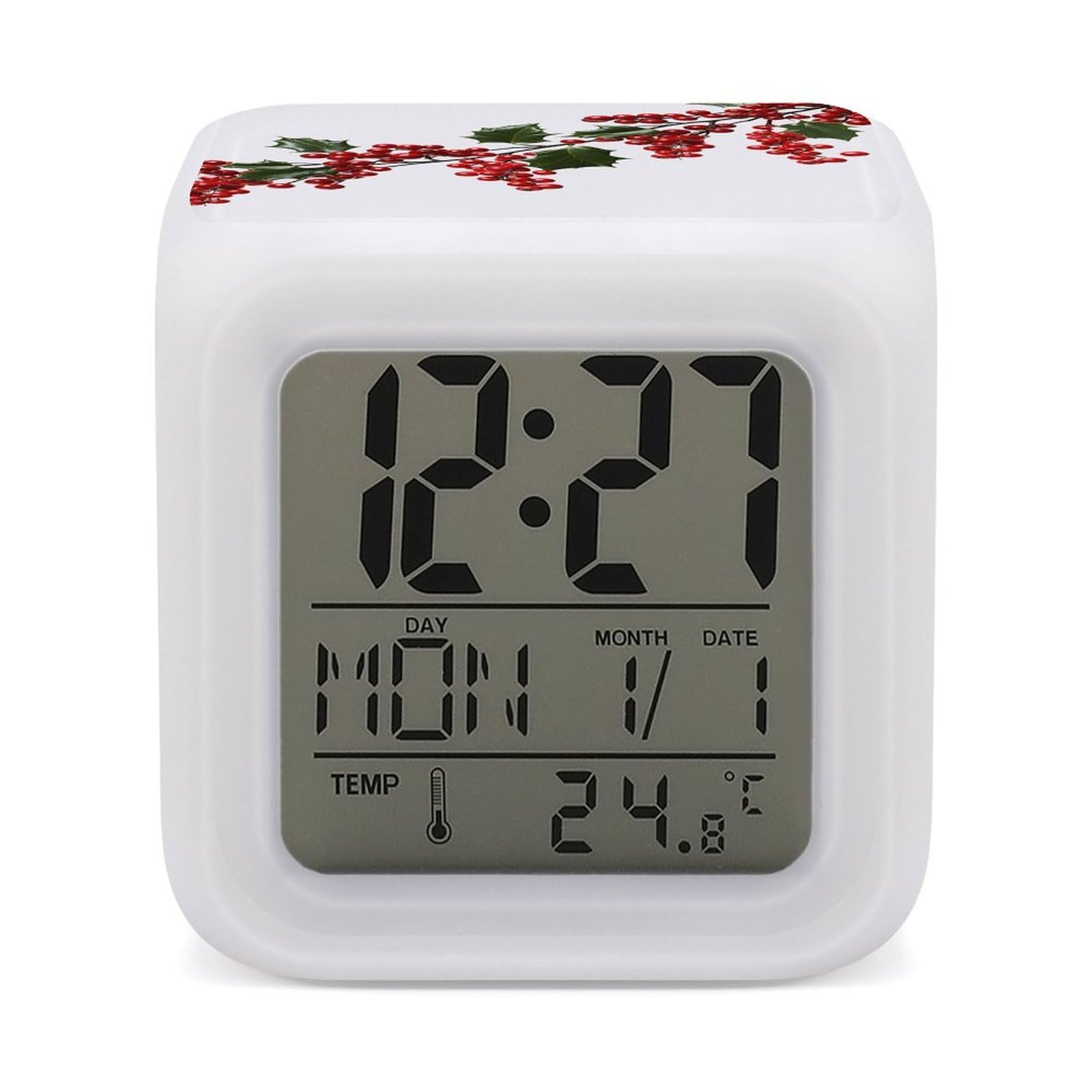 VstaDank Holly Berry Branches Digital Alarm Clock LED Display Screen Color Change Alarms Clock Smart Alarm Clock Wake Up Digital Clocks with 7 Color Nightlight for Bedroom