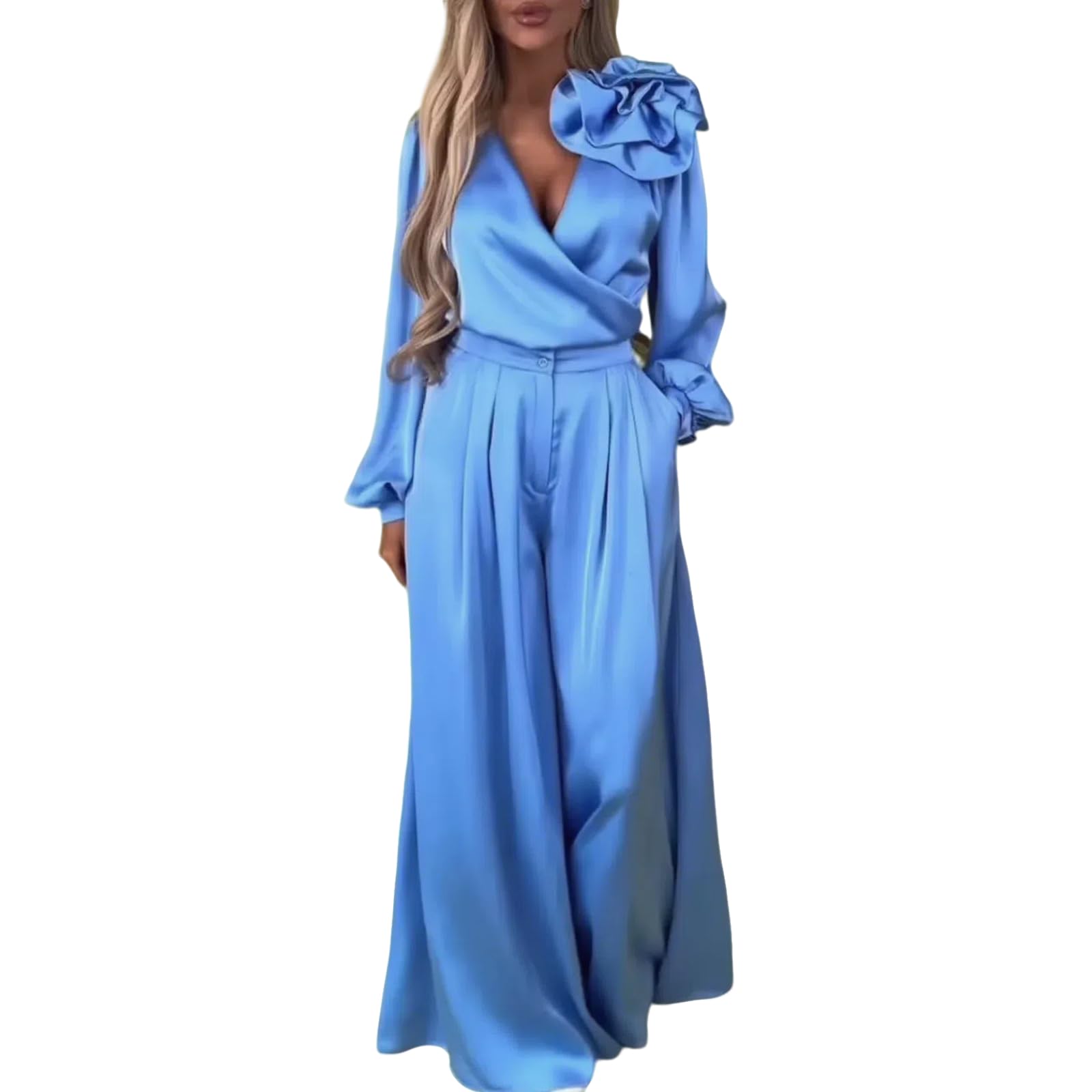 Womens V-Neck Long-Sleeved Top and Wide-Leg Pants Suit Solid Color Satin 3D Flower Shirt is Luxurious and Elegant