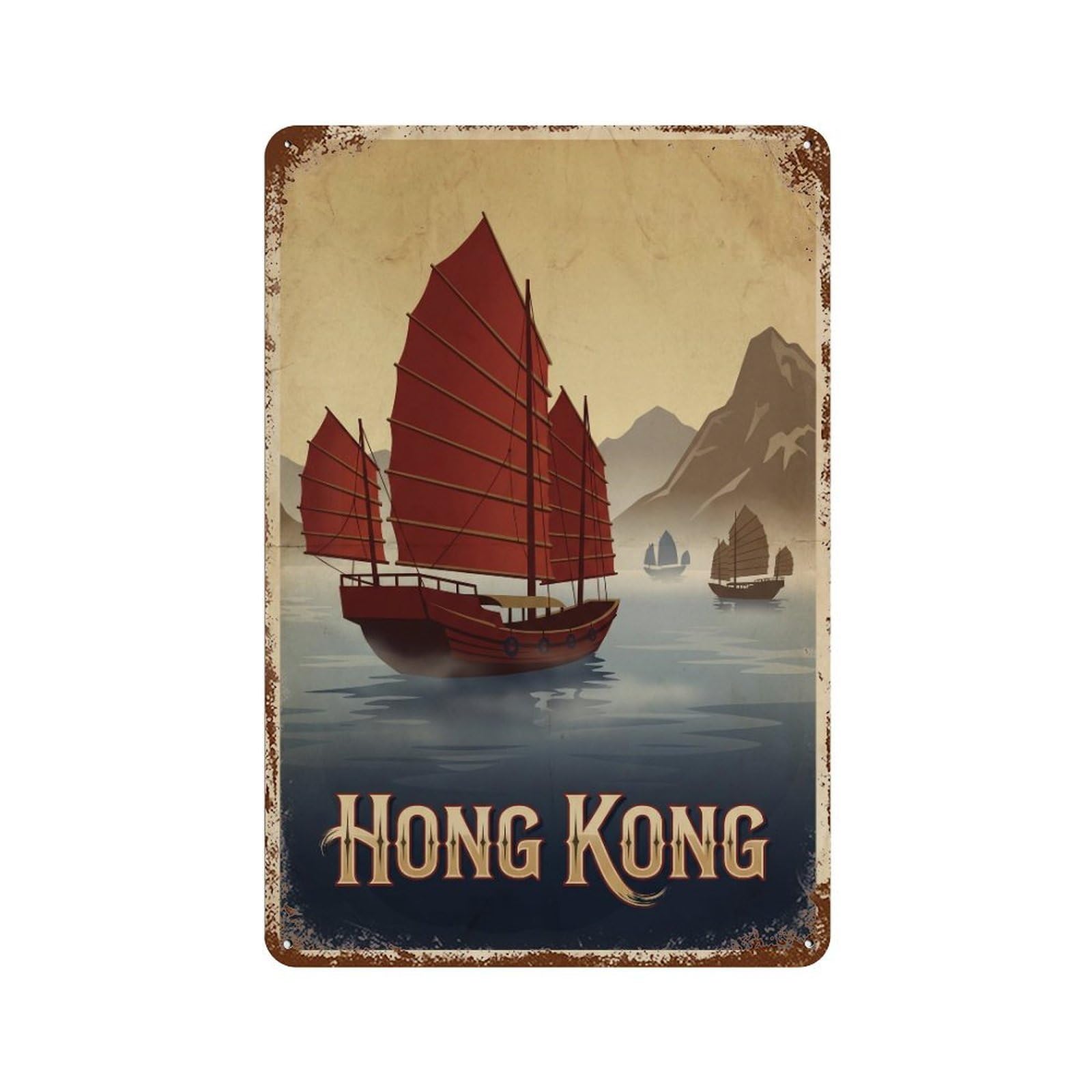 Metal Tin Sign Vintage Travel Hong Kong Junk