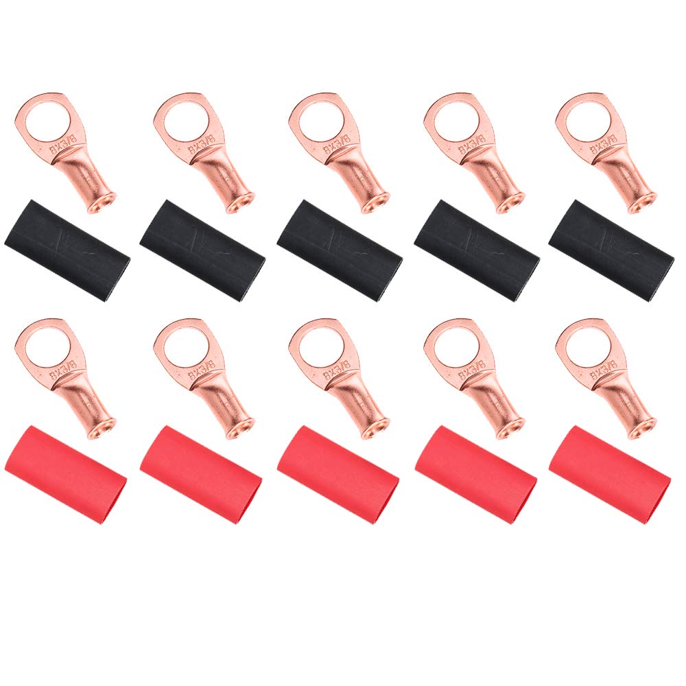 RockDIG 10-Pack Guage 8-3/8 Copper Wire Lugs, Battery Cable Ends, Bare Copper Eyelets Tubular Ring Terminal Connectors with Heat Shrink(Black, Red) (10 Pack, 8 AWG - 3/8" Ring/Eye)