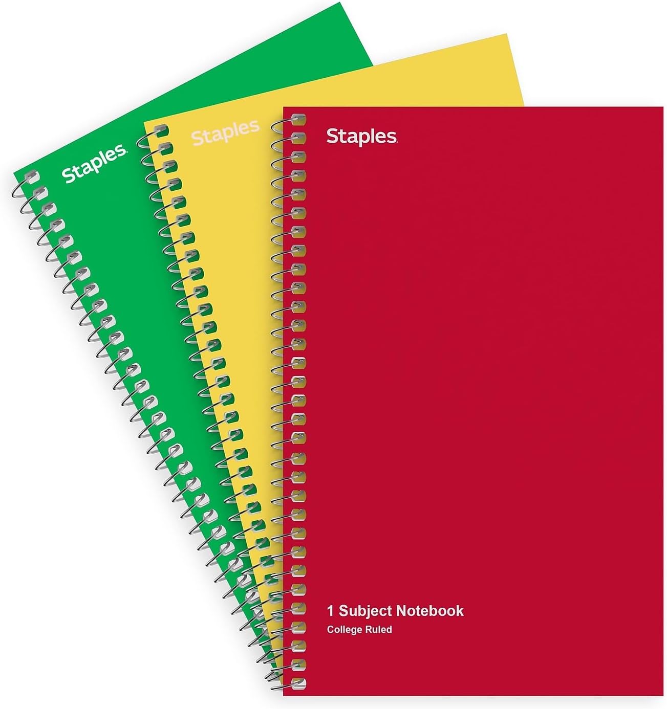 Product image of STAPLES Spiral Notebooks, 1-Subject College Ruled Paper, 5 x 7.75 Inch, 80-Sheets, 3-Pack, Assorted Colors