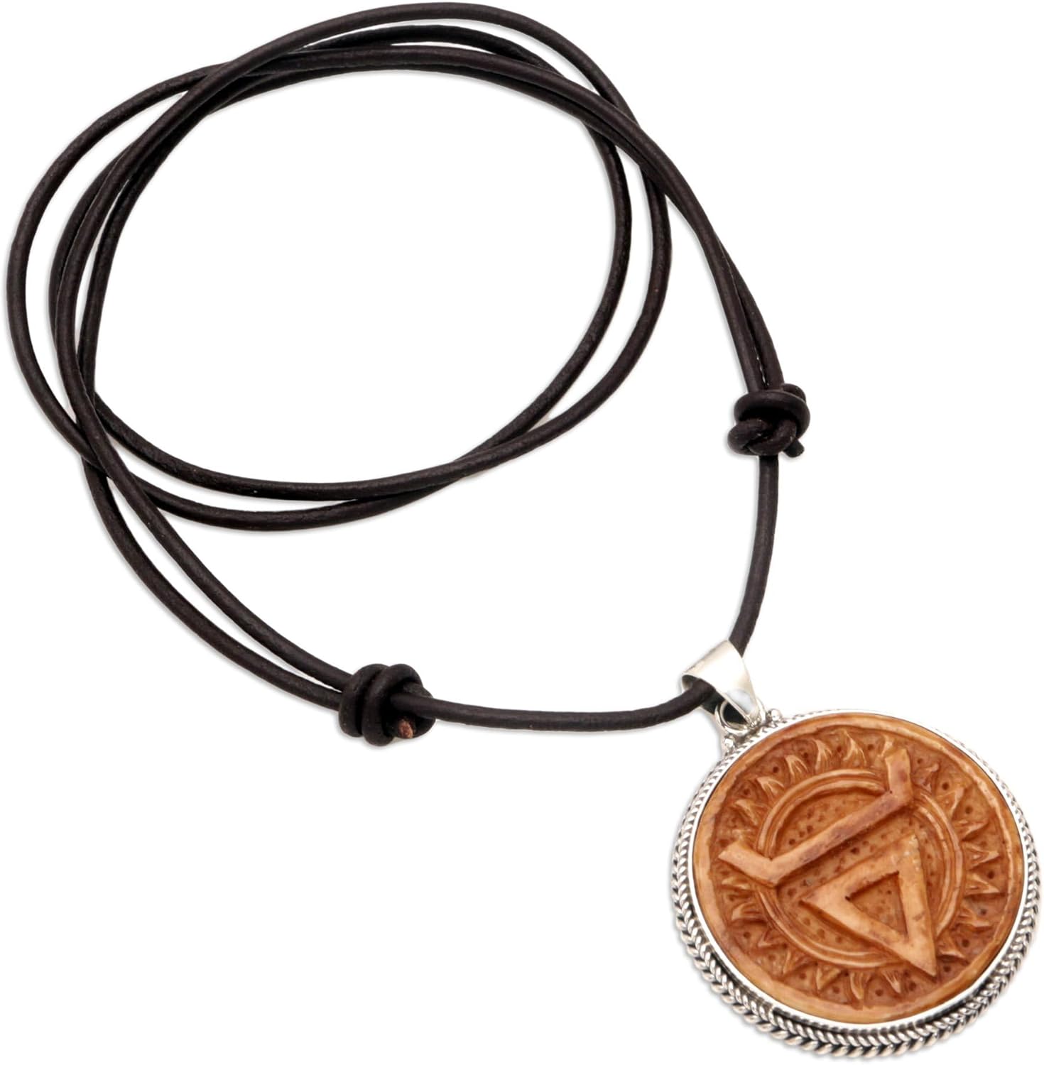 NOVICA No Stone .925 Sterling Silver Bone Leather Men's Pendant Necklace 'Mystic Pyramid'