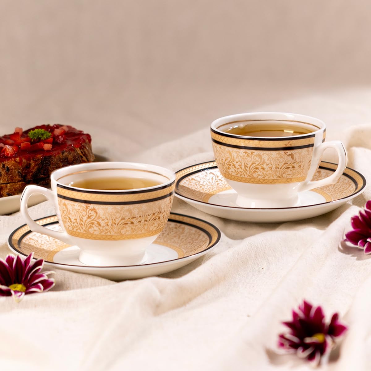 Cup & Saucer Set | Perfect for Hosting & for Tea/Coffee Lovers | Handcrafted in India, Inspired by Florals & 24-Carat Gold Rim | 6 Cups & 6 Saucers |170 ml - Golden Vine