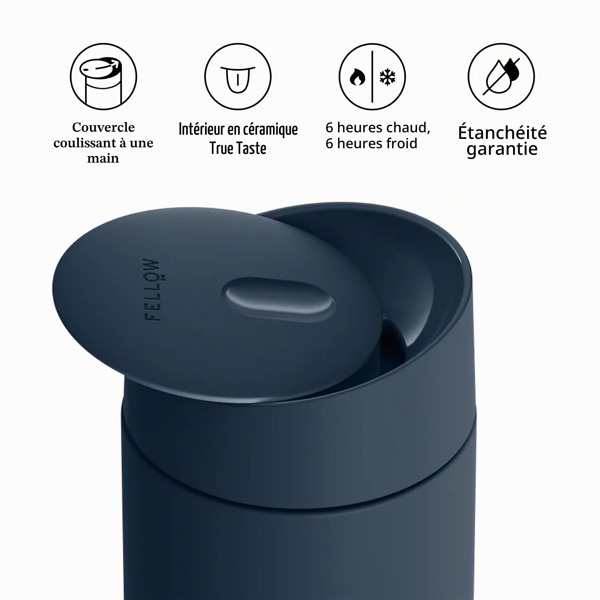 Fellow Carter Slide Tasse à café de voyage avec couvercle à verrouillage coulissant - Gobelet à café anti-fuite avec intérieur en céramique et acier inoxydable isolés sous vide - Bleu pierre - 341 ml