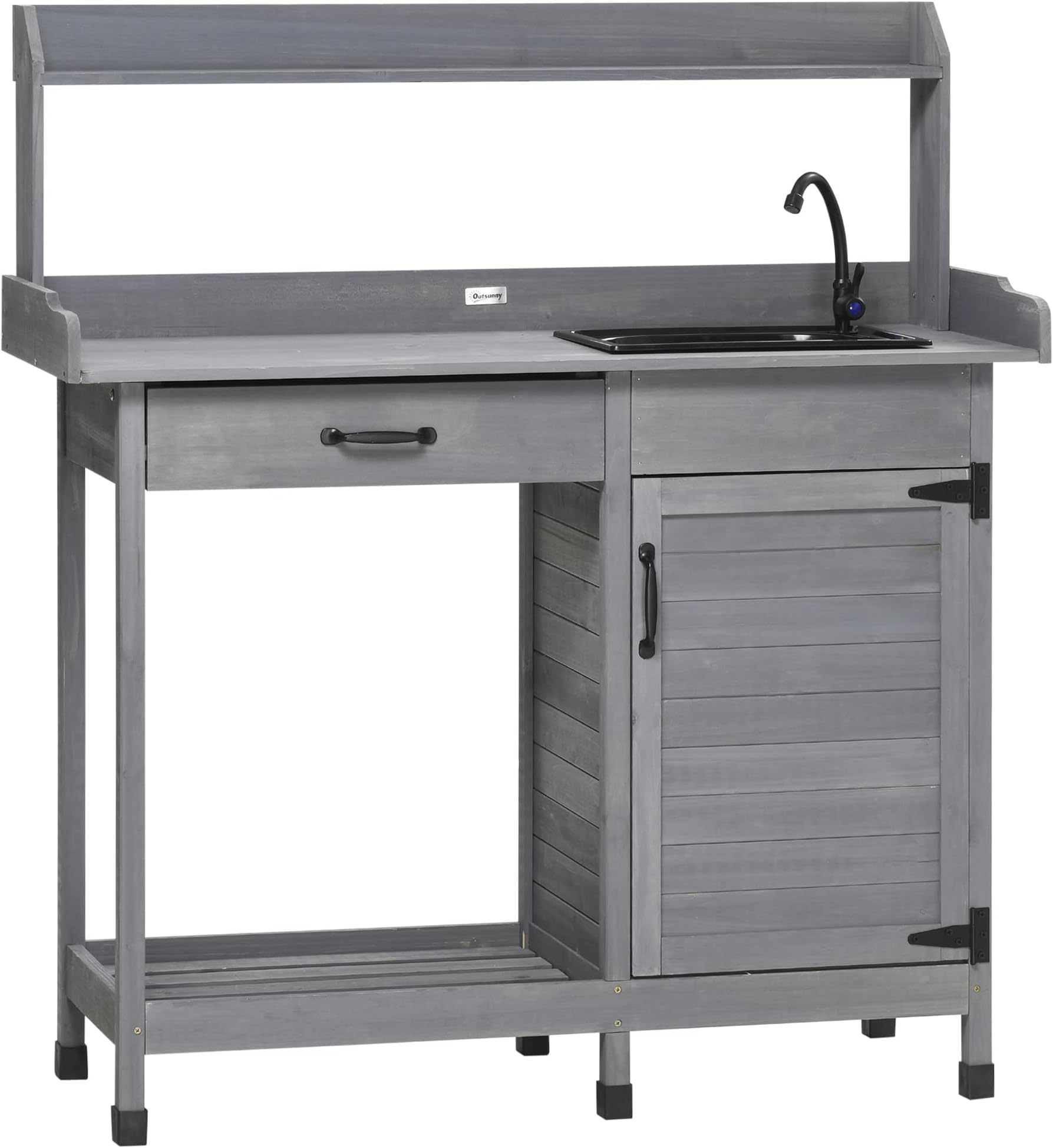 Outsunny Potting Bench Table with Removable Sink, Outdoor Work Bench Table with Storage Cabinet, Hooks, Faucet and Drawer for Greenhouse, Garden, Patio, Gray