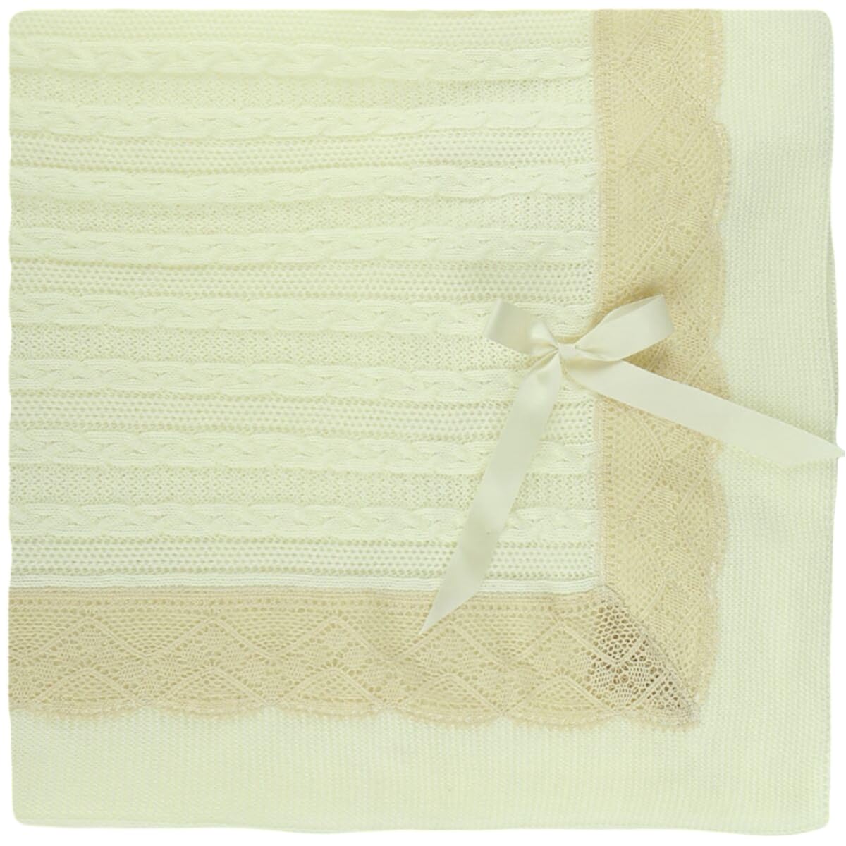 Luxury Spanish Knit Baby Blanket for Boys and Girls with Intricate Lace Trim – Timeless Keepsake. 39'' x 41'' (Beige)