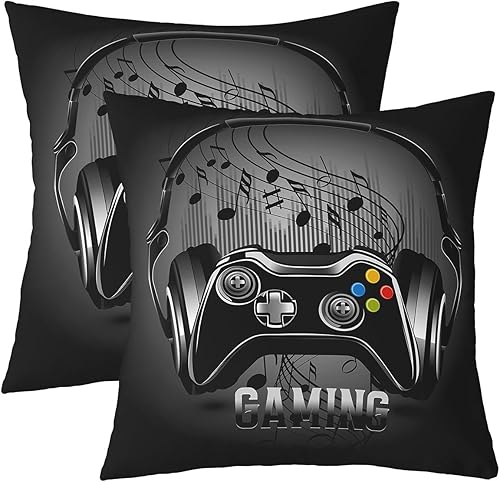Juego de 2 fundas de almohada con estampado de consola de videojuegos, para el hogar, sala de estar, notas temáticas musicales reversibles, color