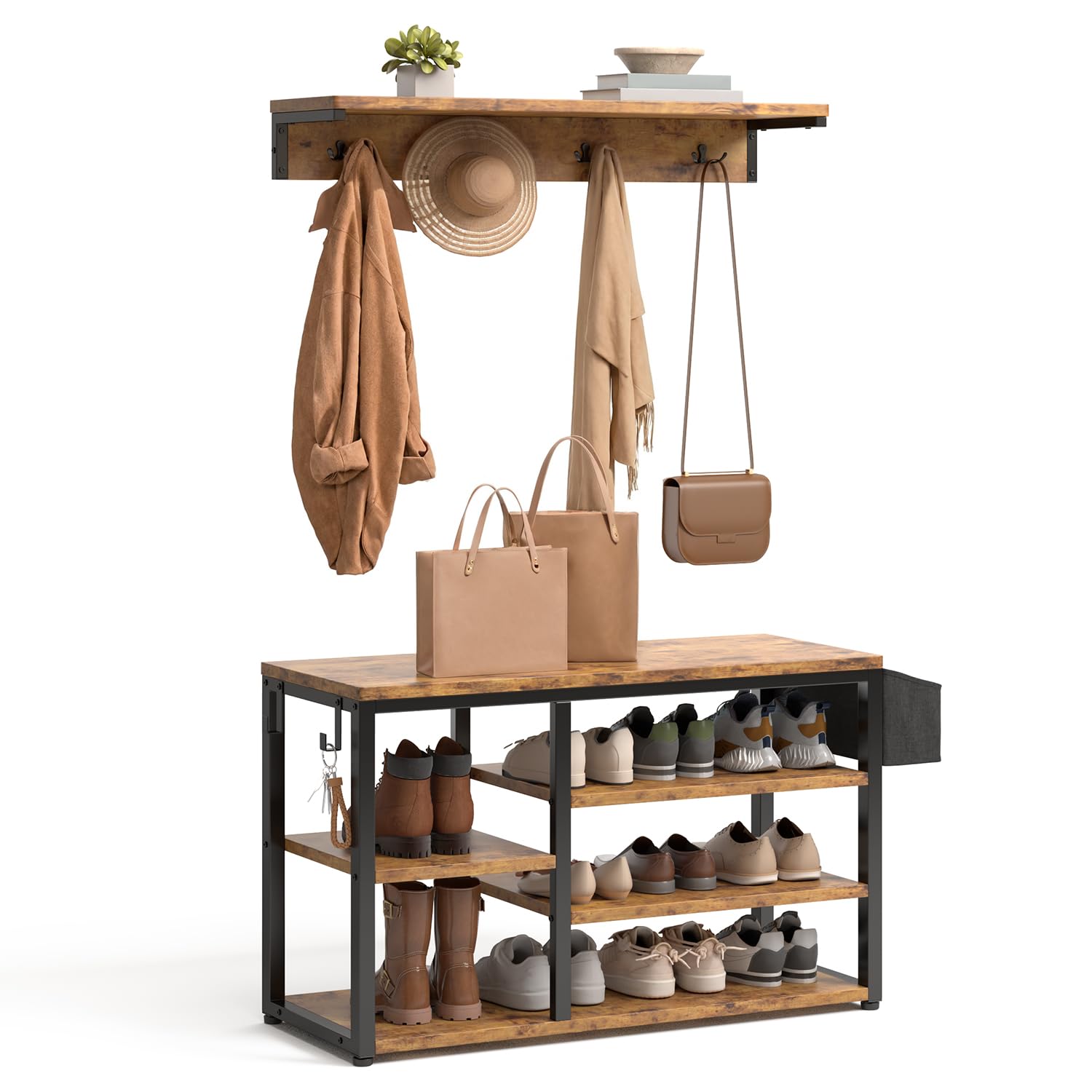 Xbro Perchero Zapatero, Perchero Recibidor con Ganchos, Bolsillo Lateral y Estantes. Perchero con Banco Zapatero para Zonas de Entrada, Pasillos, Marrón Rústico
