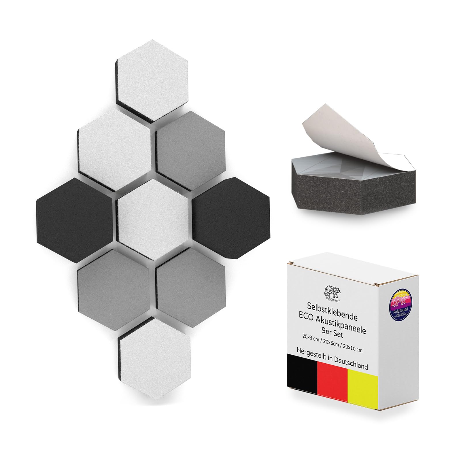 PolySound Eco - Paneles acústicos autoadhesivos, juego de 9 unidades, espuma 3D (3-10 cm), alto aislamiento acústico (αw 0,9), despegable sin residuos, blanco místico