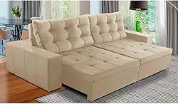 Sofá Retrátil e Reclinável 4 Lugares com Molas 2,70m Duda Suede Bege Adonai Estofados