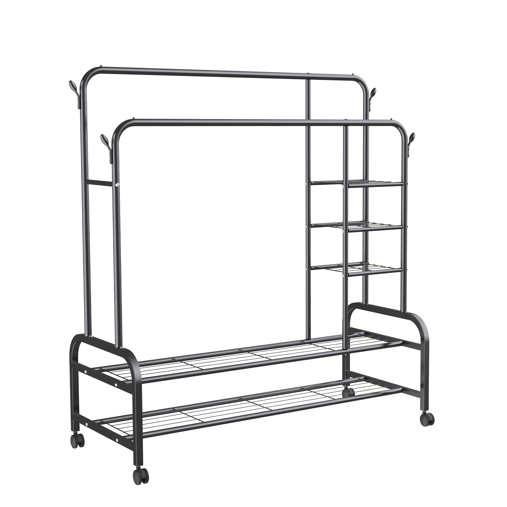Burro de Ropa Resistente 150 cm con Doble Barra y Zapatero - Perchero de Pie con Ruedas 360 Armario Abierto Multifunción para Vestidor y Dormitorio Antideformación - Acero Negro