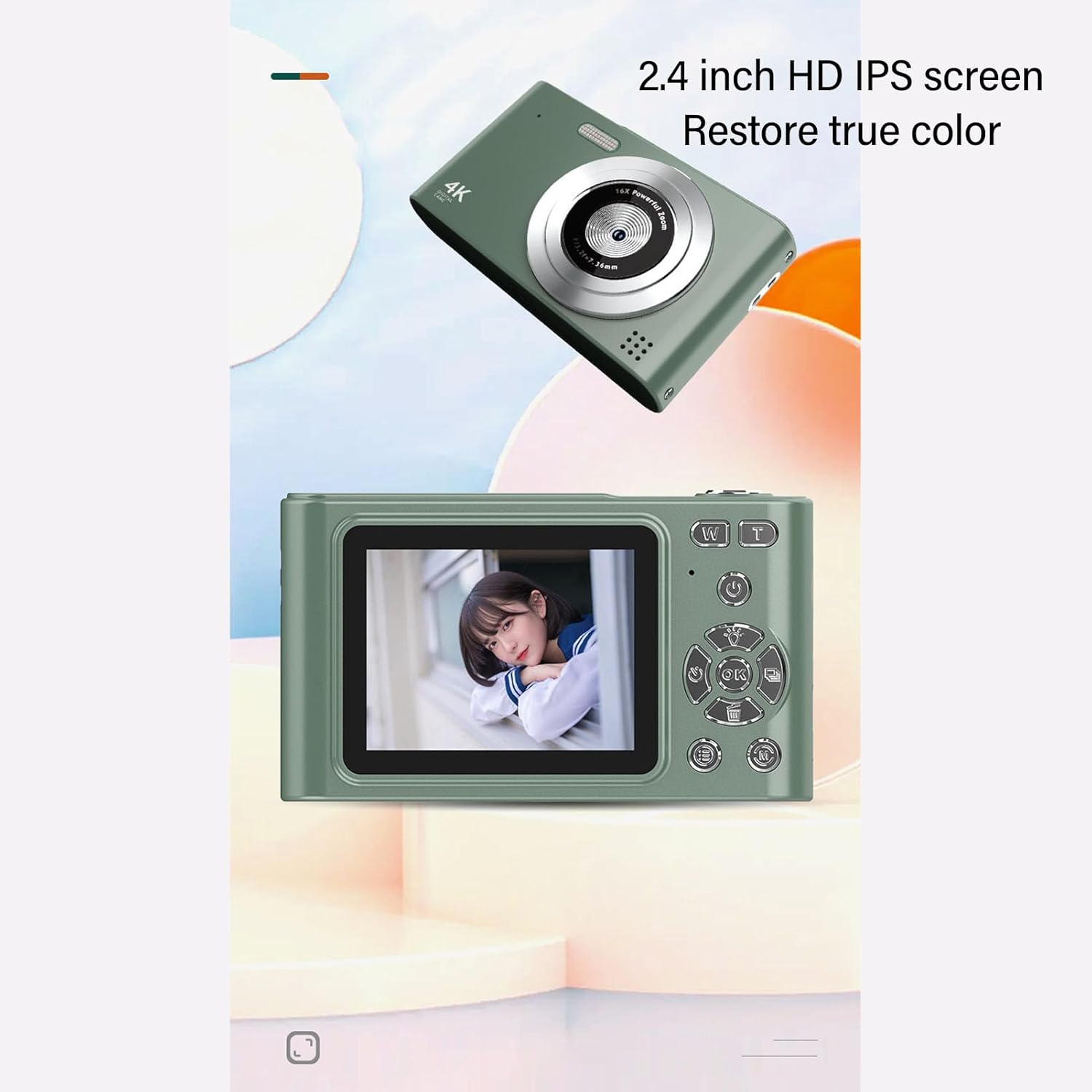 Digital Camera, 2.5K 48MP Autofocus Vlogging Camera 16X Digital Zoom Point and Shoot Cameras for Teens Beginners, with Speaker and Microphone (Green)