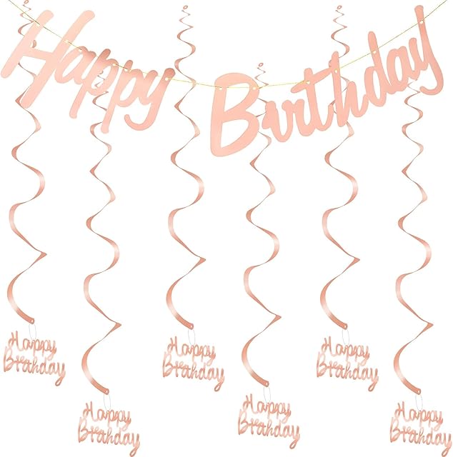 Rose Gold Happy Birthday Decorations Birthday Bunting Banner with 6 Pieces Hanging Swirl Happy Birthday Decorations Party Supplies for Women and Girls (Rose Gold)