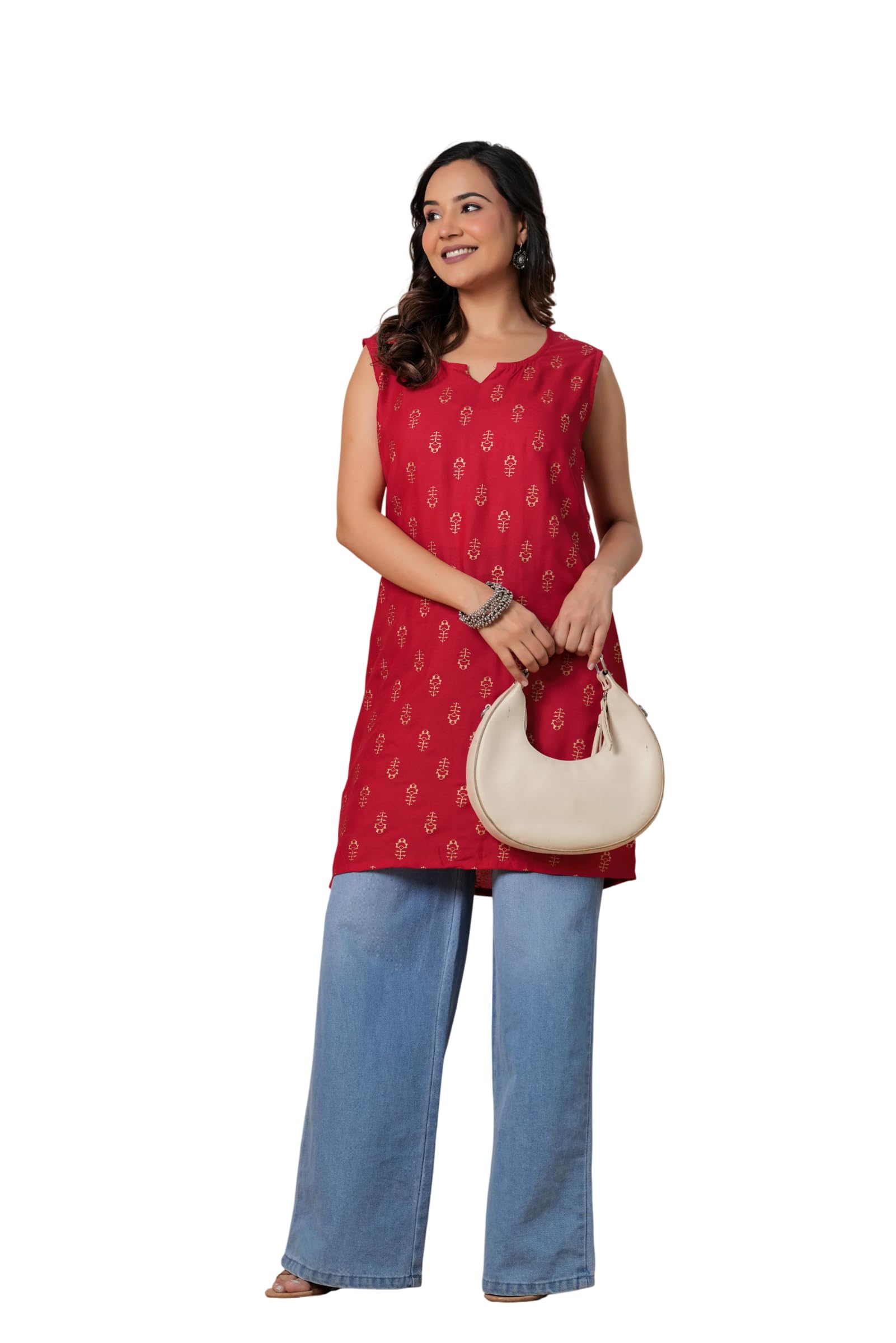Women's Red Sleeveless Kurti with Golden Floral Print, Notch Neck, Casual Wear-picture-52