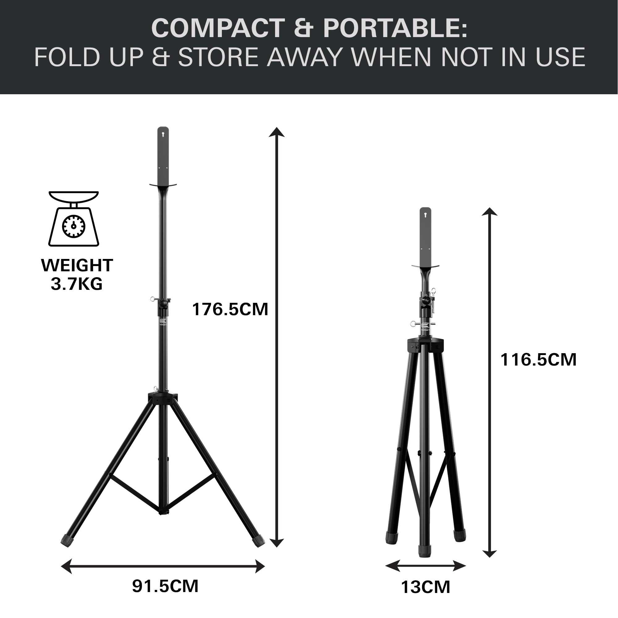 TARGET Darts Supporto portatile per bersagli da freccette | Supporto mobile per bersagli da freccette a treppiede, sistema a libero posizionamento con supporto per bersagli, per interni ed esterni