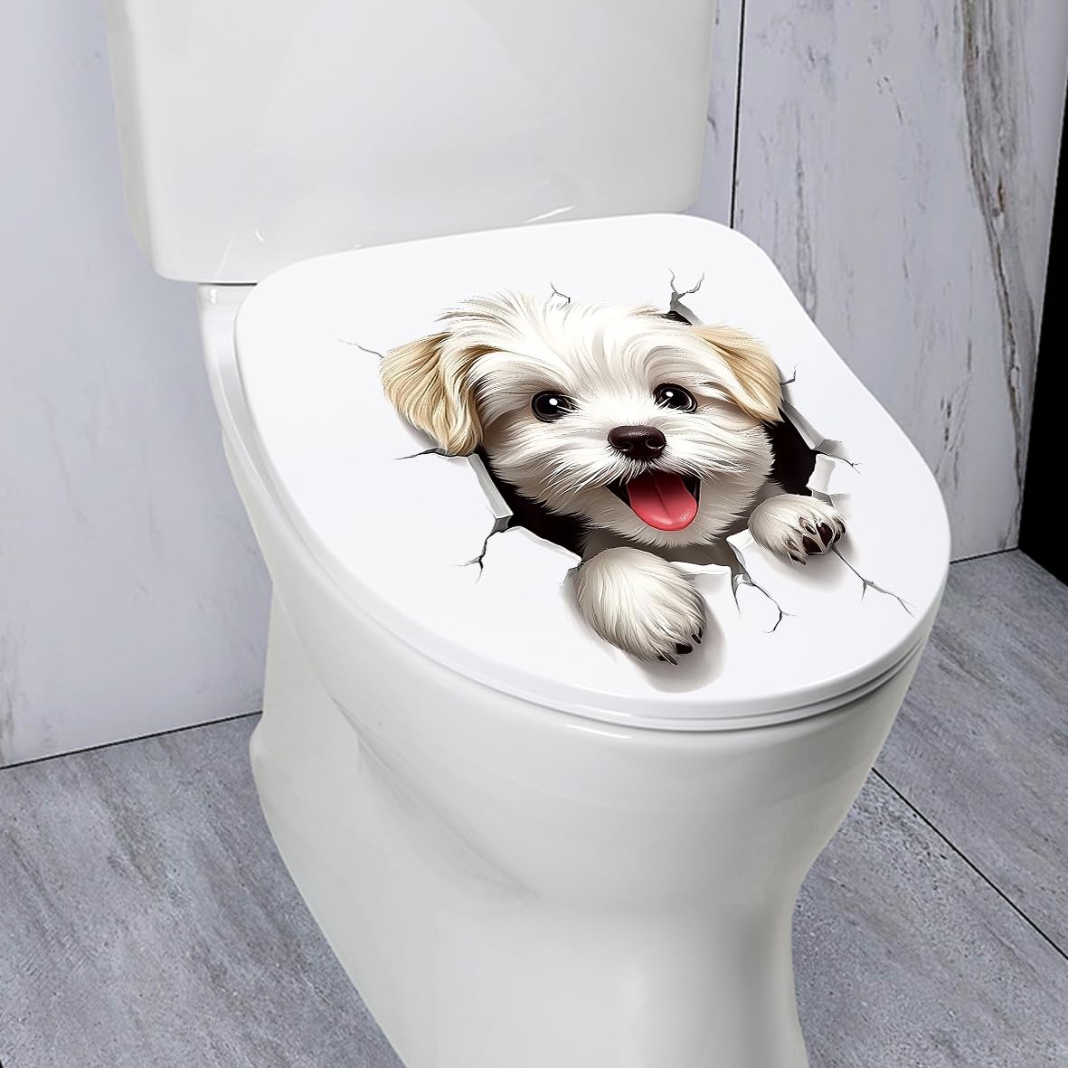 Animal 3D Toilet Sticker Funny Cat Dog Squirrel Toilet Seat Cover Decoration Waterproof WC Toilets Seat Lid Decal Bathroom Wall Sticker (White Dog)