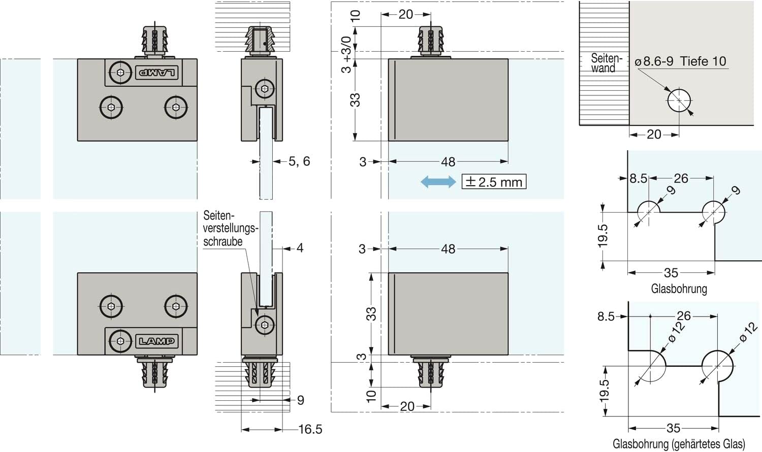 LAMP 170-042-197 Hinge for Glass/Acrylic Doors Zamak Black, Silber