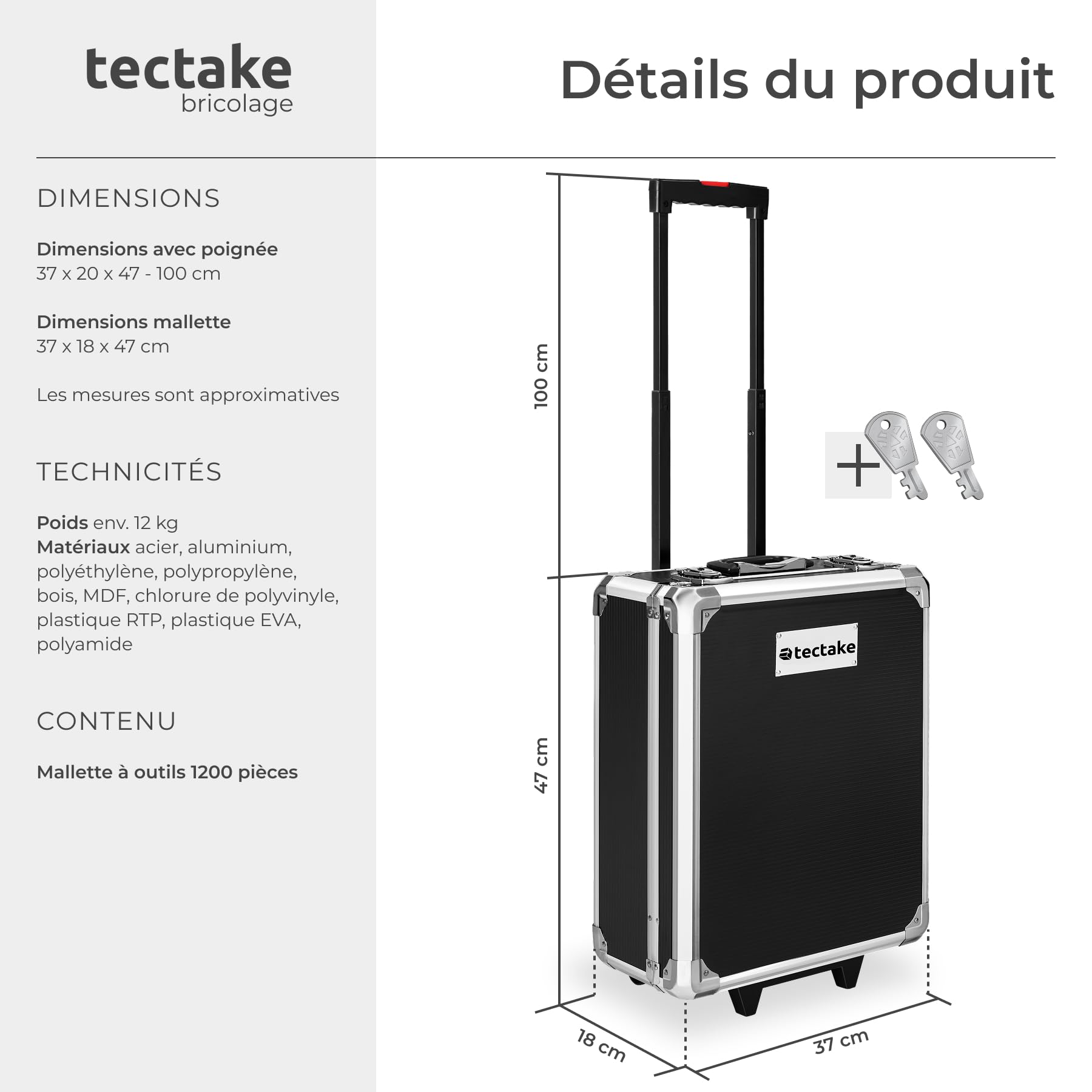 tectake Caisse à outils sur roulettes Servante d'atelier complète avec outils 1200 pièces - Rangement atelier Outillage à main Bricolage Embout visseuse Kit tournevis